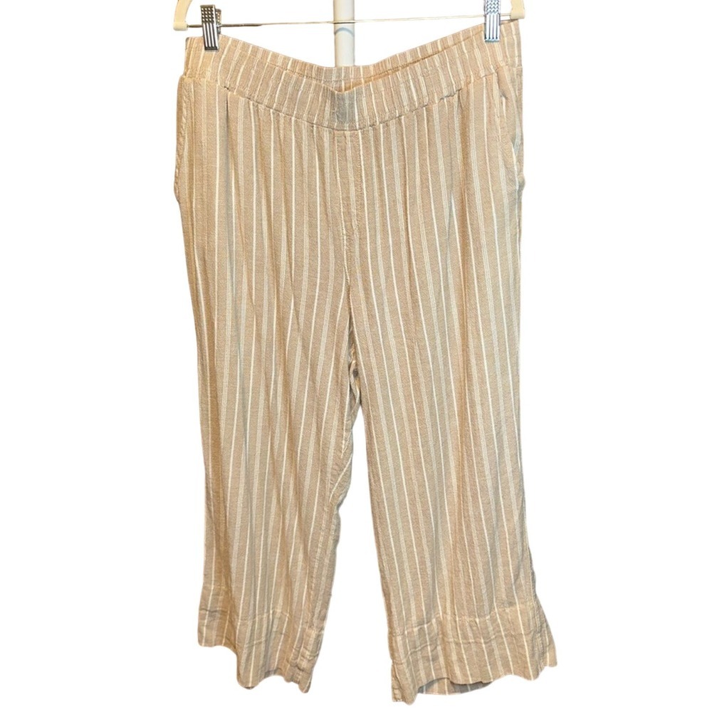 Briggs Tan White Striped Linen Pocket Stretch Waist Pull On Pants Size XL